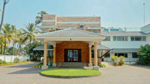 The entrance to Blue Waters Hotel in Kerala, India.