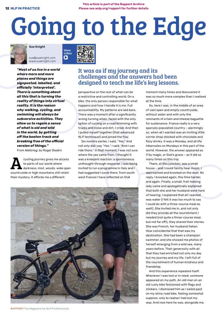 A an image of the article 'Going to the Edge' by Sue Knight in Rapport magazine.