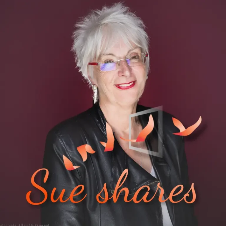 The thumbnail for Sue's podcast Sue Shares, an image of Sue with here logo.